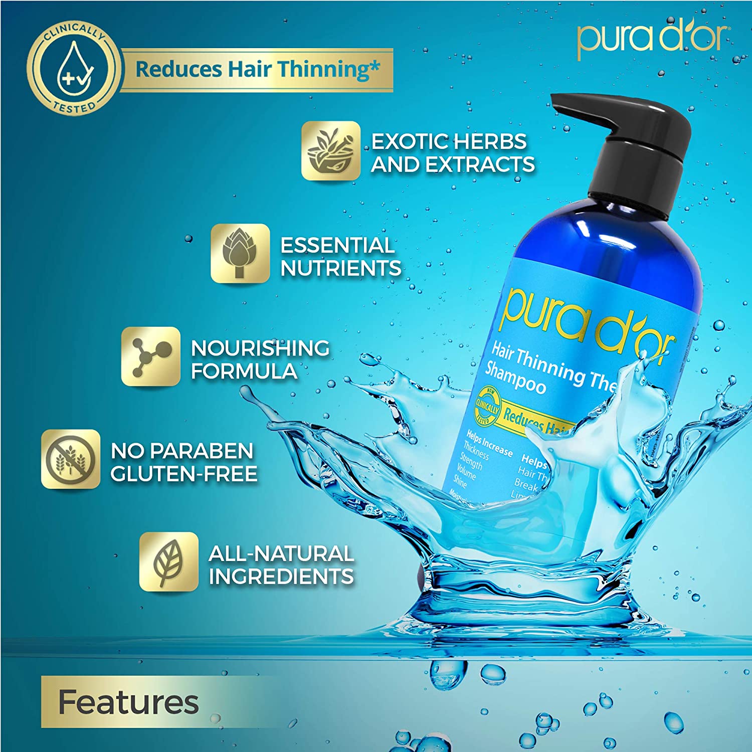PURA D'OR Hair Thinning Therapy Biotin Shampoo LAVENDER VANILLA Scent 16 Fl Oz