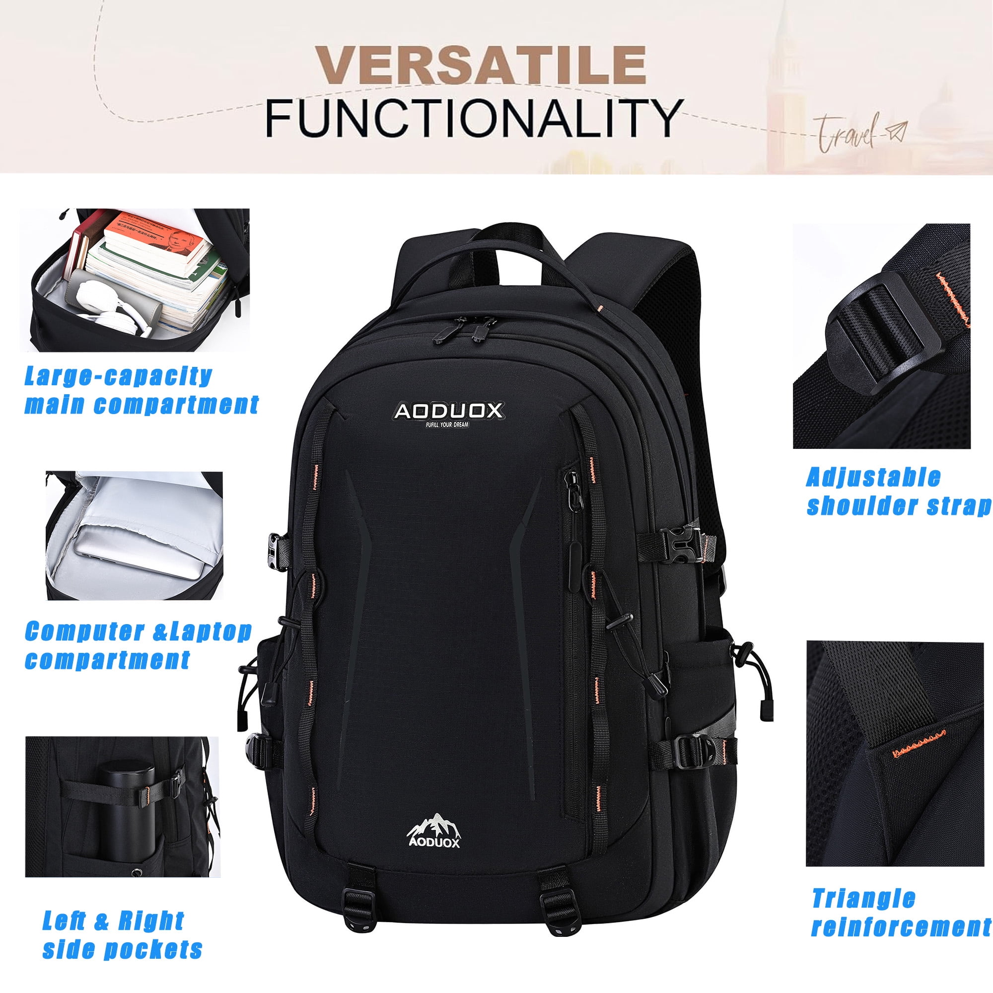Burufy Backpack for Men & Women, 50L Lightweight Waterproof Laptop Backpack College School Backpack, Black
