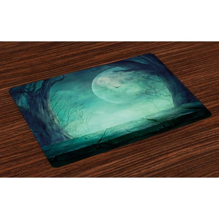 Teal Table Decor Halloween Placemats Set of 4 Spooky Teal Forest Moon and Vain Branches Mystical Haunted Horror Rustic Imagery Print, Washable Fabric Place Mats for Dining Room Kitchen Table Decor,Teal, by Ambesonne ()