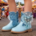 thumbnail image 2 of Ticikt Girls Glitter Cowboy Boots, Butterfly Pearl Lace Bow Side Zipper Fashion Mid Calf Kids Boots,Blue, 2 of 8