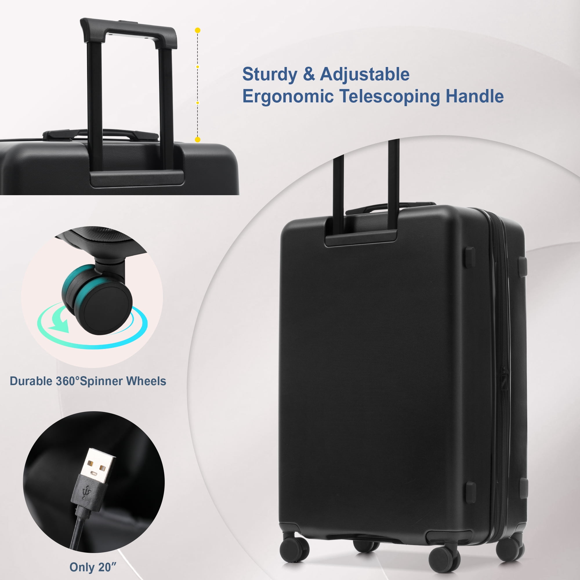 Euroco 5 Piece Front Opening Luggage Sets, Hardside Expandable Carry On Suitcase Set with USB Port,TSA Locks, Spinner Wheels and 2 Bags,Lightweight Travel Luggage for Men Women(20"/24"/28"),Black