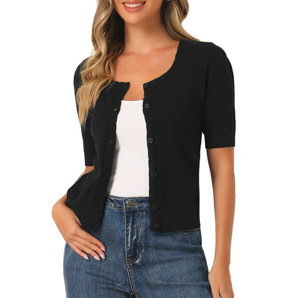 Cárdigan bolero corto de manga corta vintage para mujer INSPIRE CHIC, suéter elegante y casual con botones para blusas de vestido, negro L