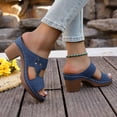 thumbnail image 3 of Womens Heeled Sandals Boho Hollowout Open Toe Slides Slip on Backless Heels Comfy Arch Support Orthopedic Shoes Blue Size 6.5, 3 of 7