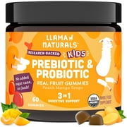 Llama Naturals Kids Probiotic with Prebiotic Fiber, Vegan, Organic Prebiotics and Probiotics Gummies for Gut Health Support, Toddler Real Fruit Gummy Vitamins, No Added Sugar Cane, Peach Mango, 60 Ct