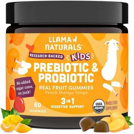 Llama Naturals Kids Probiotic with Prebiotic Fiber, Vegan, Organic Prebiotics and Probiotics Gummies for Gut Health Support, Toddler Real Fruit Gummy Vitamins, No Added Sugar Cane, Peach Mango, 60 Ct