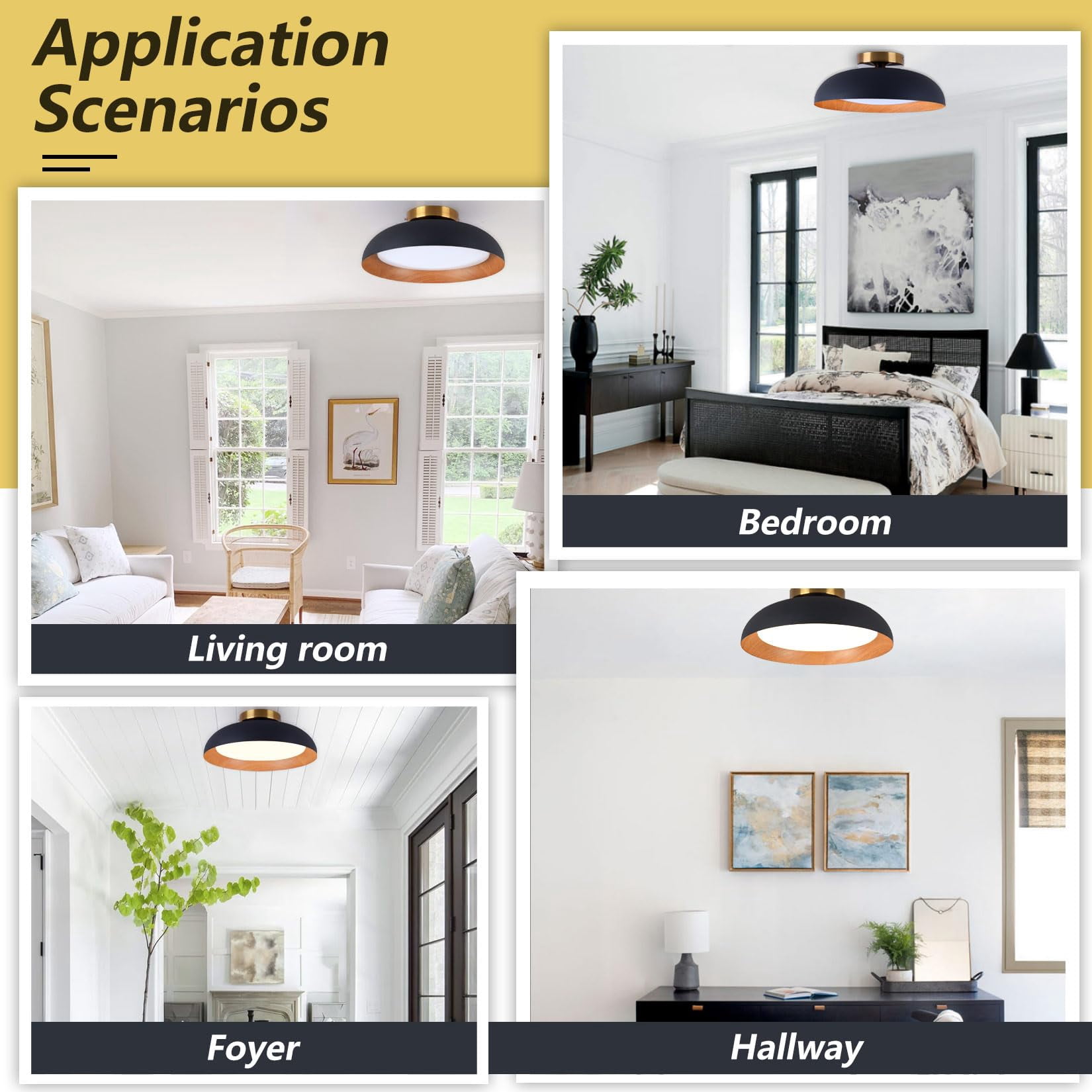 BESTOMINE Flush Mount Ceiling Light,12.5 inch LED Ceiling Light Fixture,2700K-6000K/20W, Matte Black with Wood Accent
