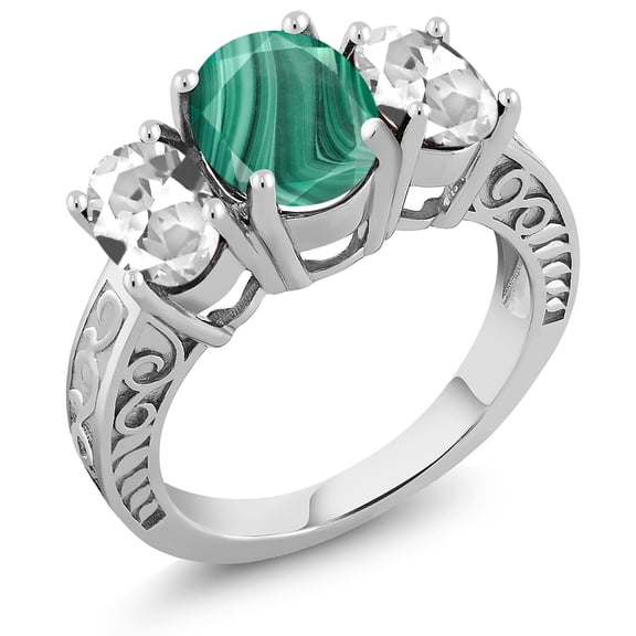 Gem Stone King 4.50 Ct Oval Green Malachite White Created Sapphire 925 Sterling Silver Ring (Size 9)