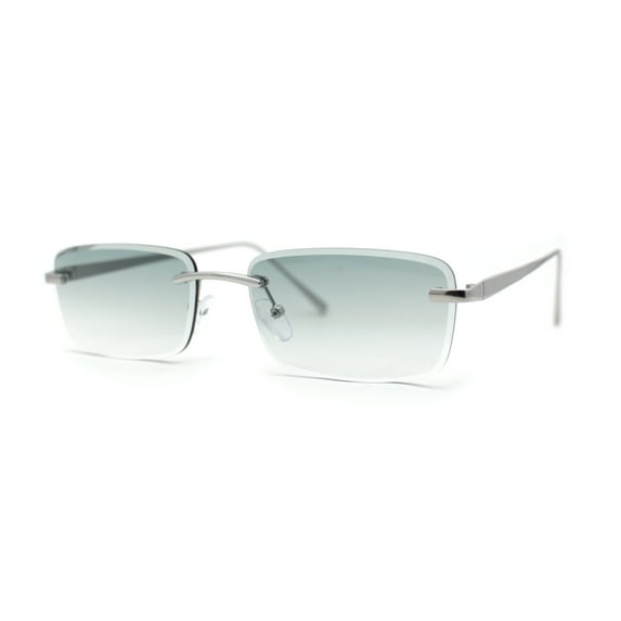 Rimless Narrow Rectangle Luxury Beveled Lens Dad Shade Sunglasses Silver - Green