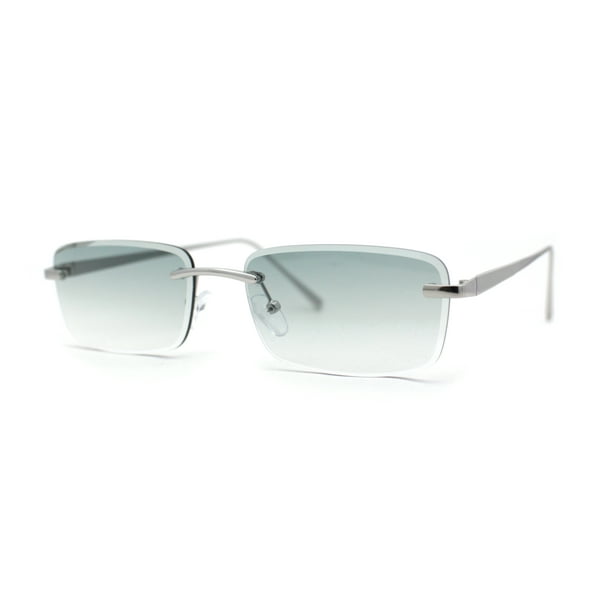 Sa106 Rimless Narrow Rectangle Luxury Beveled Lens Dad Shade Sunglasses Silver - Green Other
