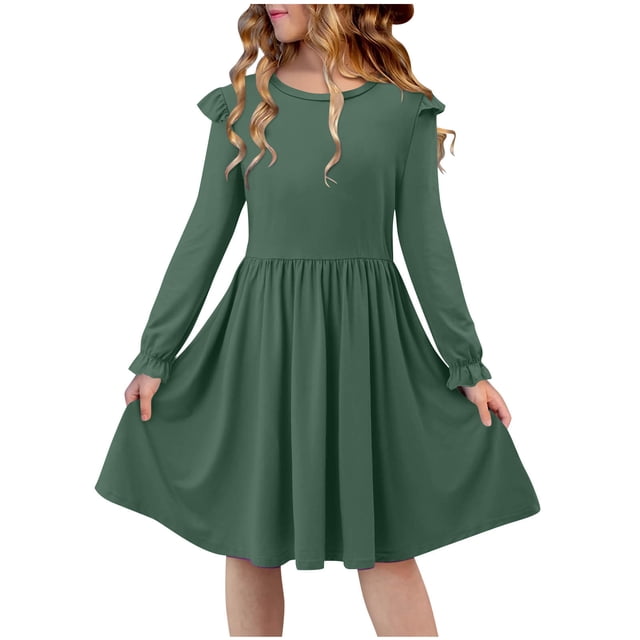 Robe Extensible à Manches Longues pour Filles, Robe Patineuse Évasée avec Encolure Ronde et Manches Bouffantes, Robe pour Récital Scolaire et Fête