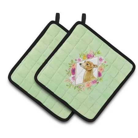 

7.5 x 7.5 in. Italian Greyhound Green Flowers Pair of Pot Holders