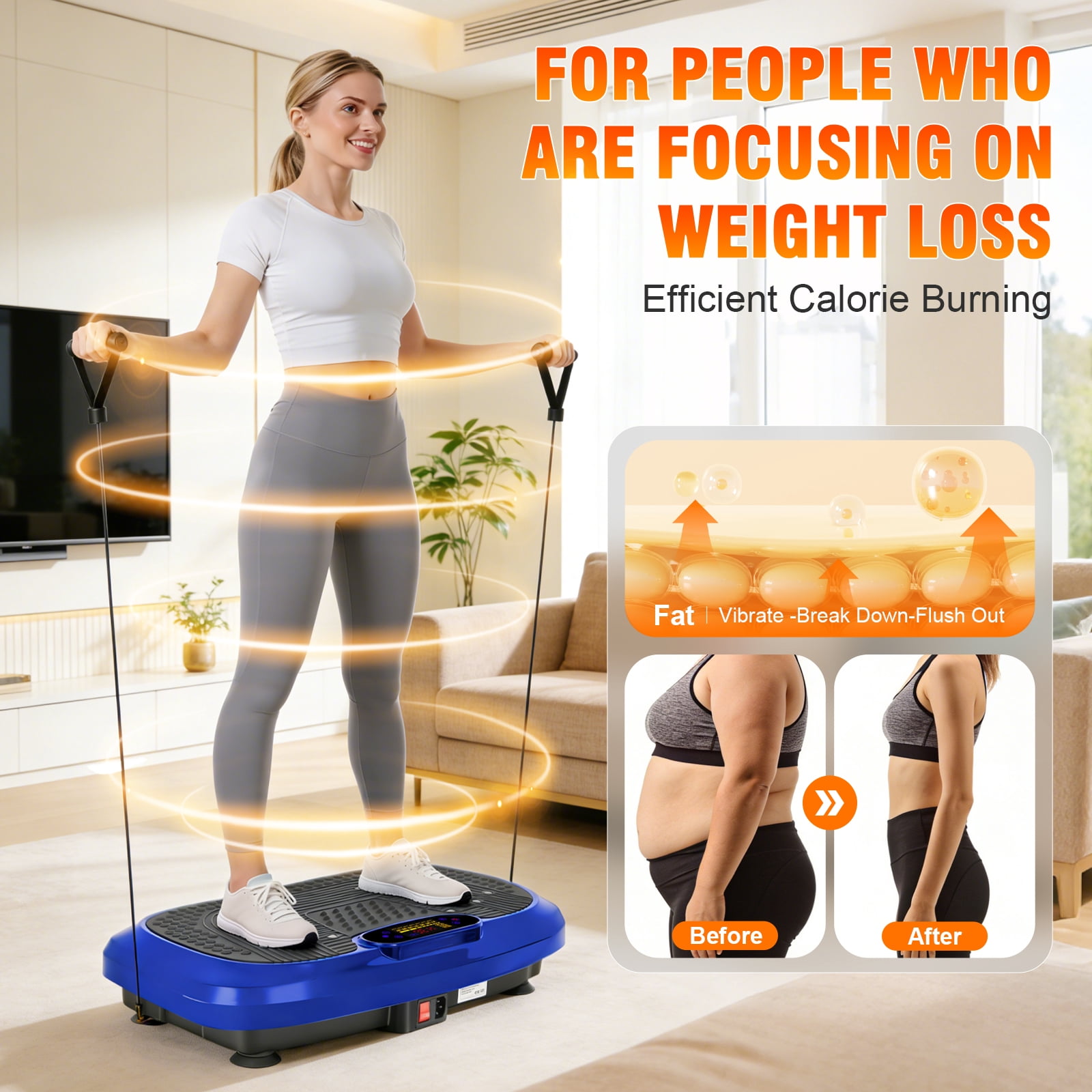 RICAN Vibration Plate Exercise Machine, Full Body Vibration Platform with 2 Loops & 5 Resistance Bands for Wellness and Fitness, Blue