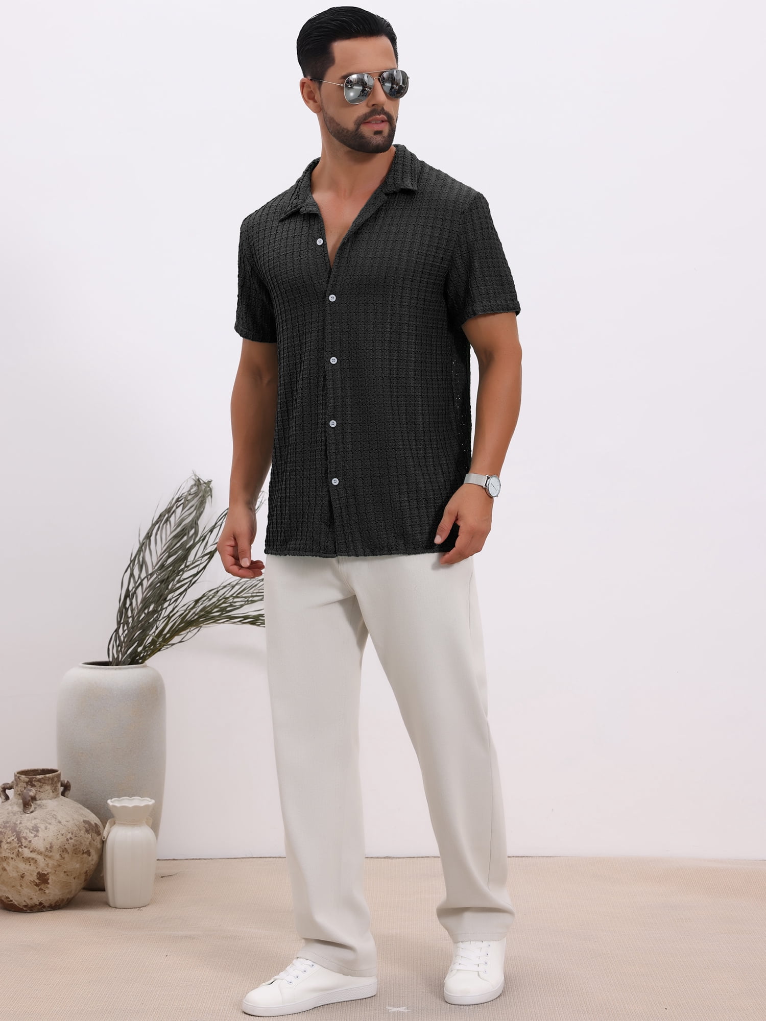 DARING DIVA Men's Casual Knitted Hollow Out Short Sleeve Shirt L Black