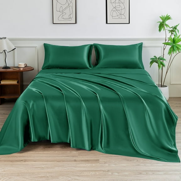 Sheets Set Full Size Solid Color Satin Imitation Four Piece Set Luxury Silky Bed Sheets Bedspreads Pillowcases with 15 Inches Deep Pocket for Mattress