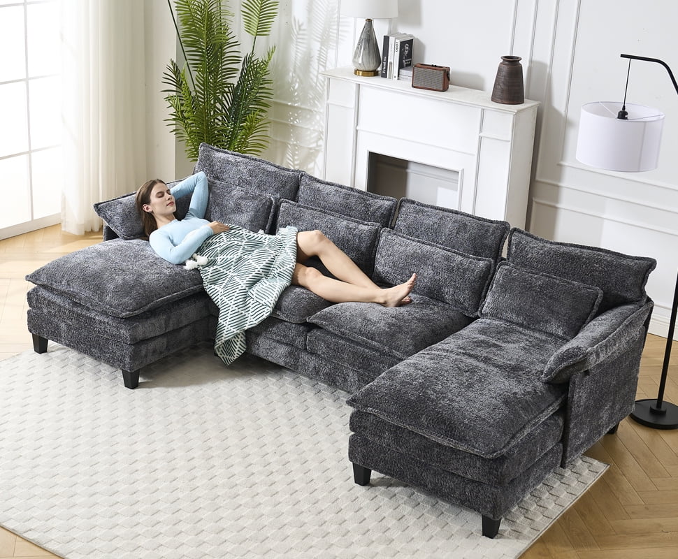 JONPONY 109.45" Modular Sectional Sofa with Double Cushion Sleeper Chaise,Modern Oversized Comfy Bouble Couch with Waist Pillows for Living Room,Grey