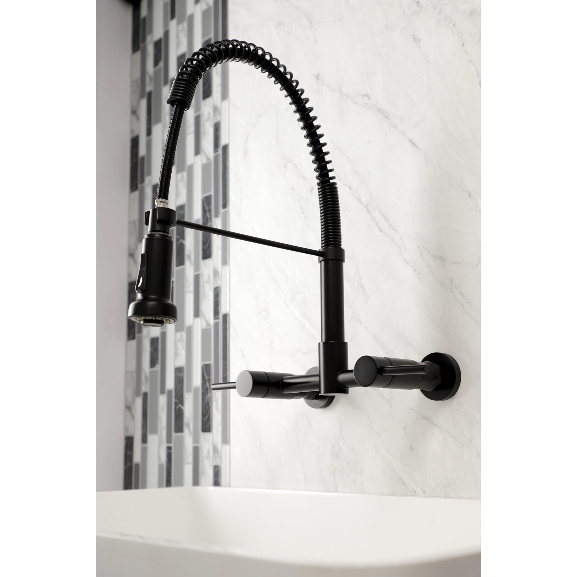 Gourmetier GS8180DL Concord Double-Handle Wall-Mount Pre-Rinse Bridge Kitchen Faucet, Matte Black