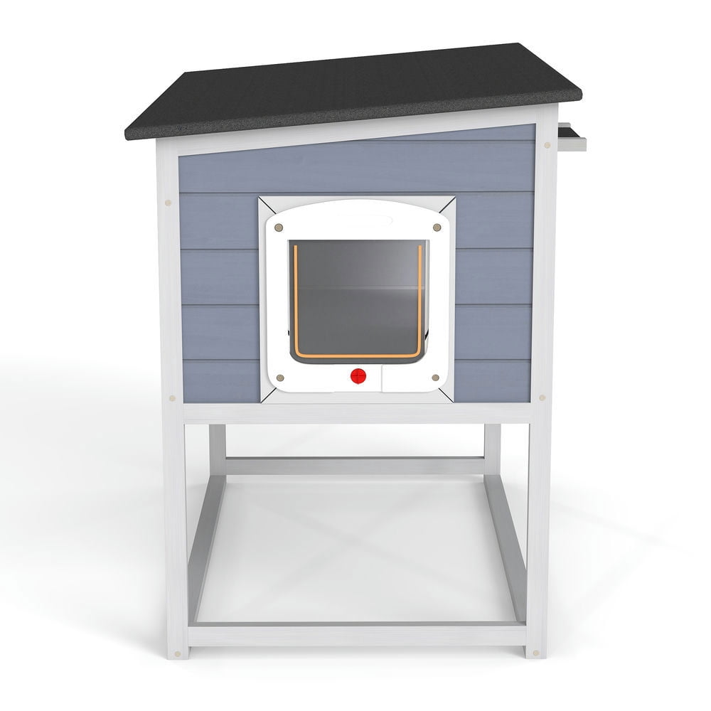 Spaco Weatherproof Outdoor Cat House, Tall Outdoor Cat Nest, Elevated Feral Cat Shelter with High Legs and Curtained Door, Escape Door, Openable Top, Gray