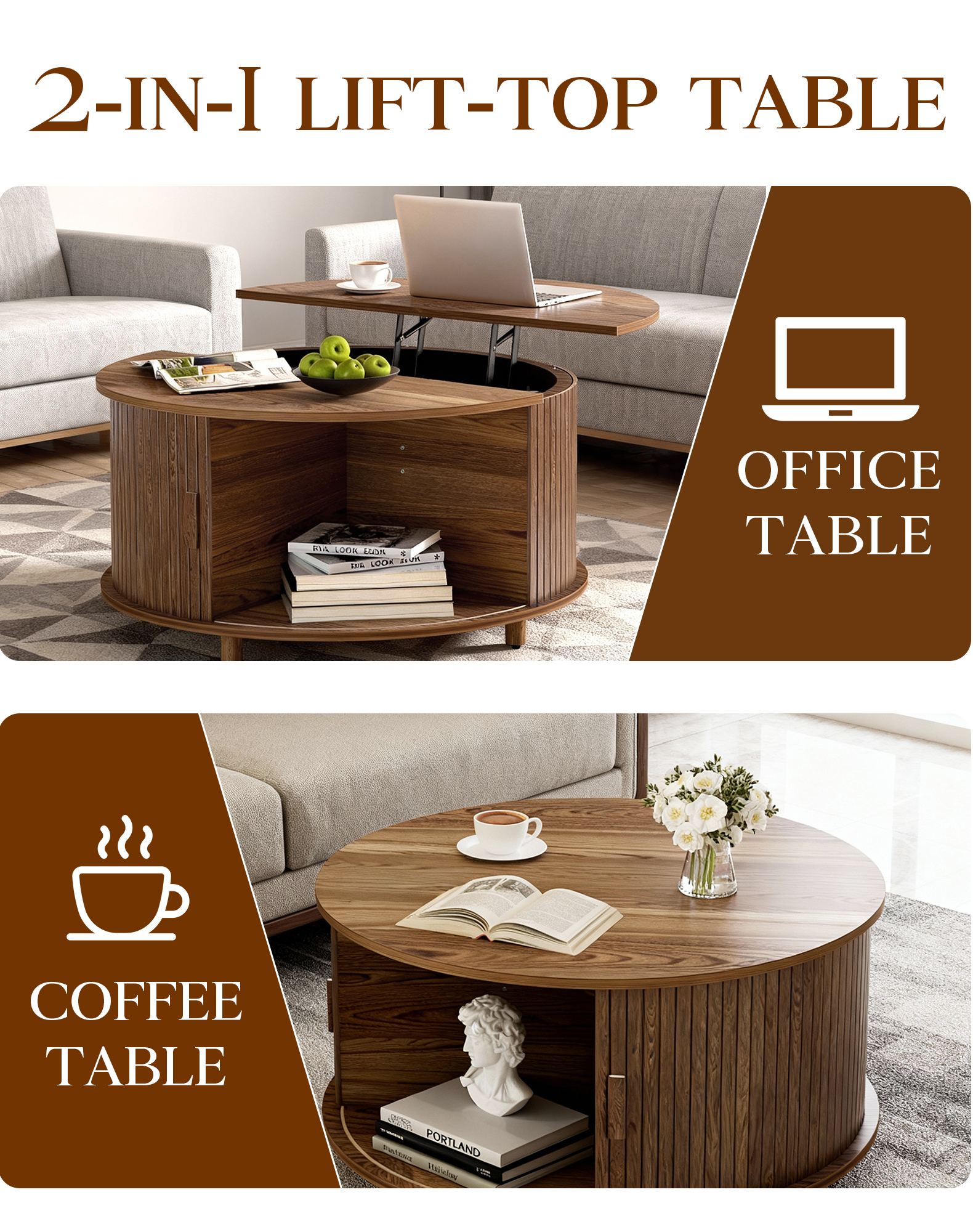 Putuo Decor Round Lift Top Coffee Table with Storage, Fluted Wood Tambour Door, Walnut