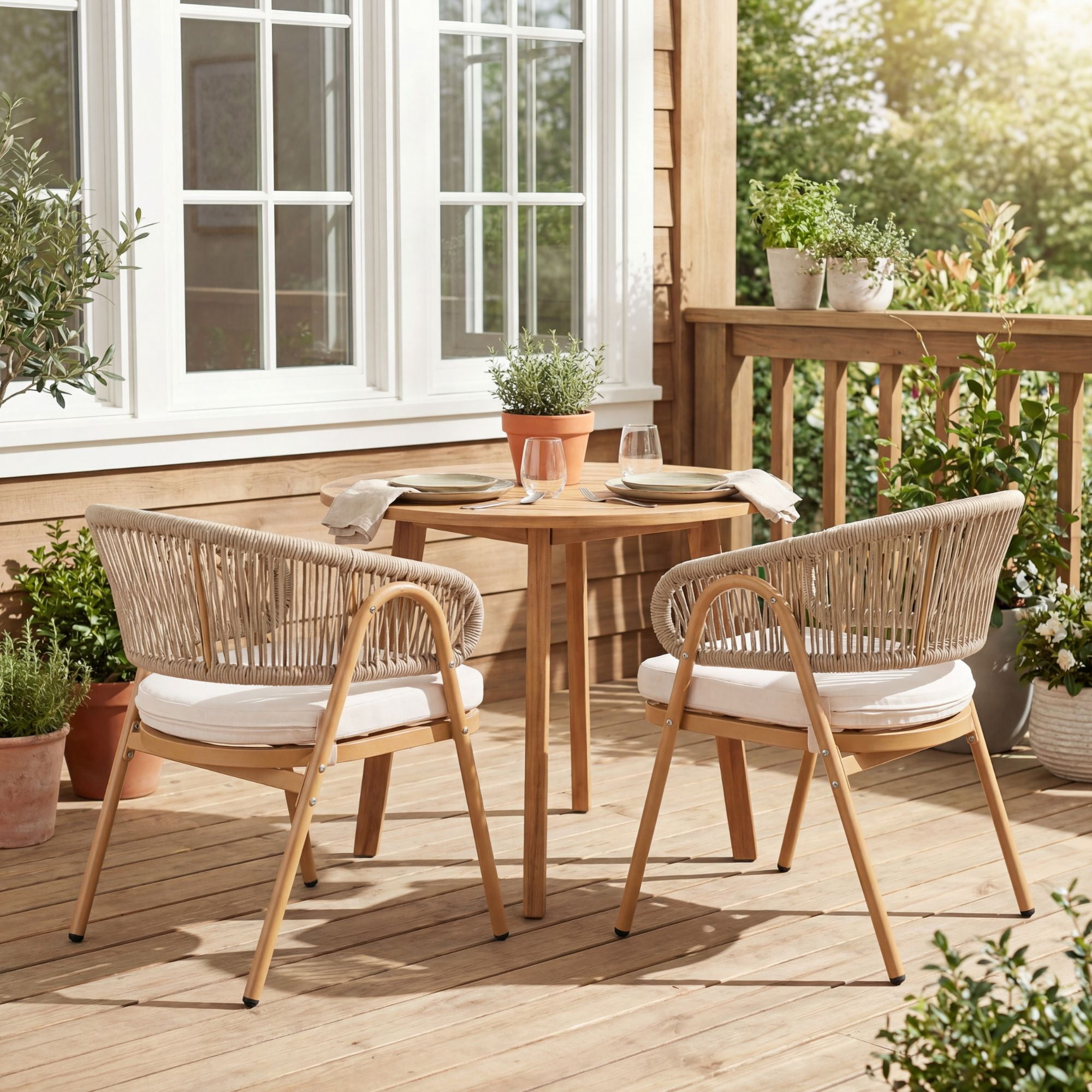 Dayalane Outdoor Dining Chairs Set of 2, Modern Rope Woven Patio Armchairs with Curved Back, Weather-Resistant Metal Frame, Balcony Backyard Bistro Seating, Beige