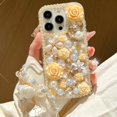 thumbnail image 2 of for iPhone 16 Pro Case,Cute Bling Glitter Sparkle Stunning Stones Diamond Rhinestone 3D Handmade Pearl Rose Flower with Wrist Lanyard for Women Girly for iPhone 16 Pro (Gold), 2 of 9