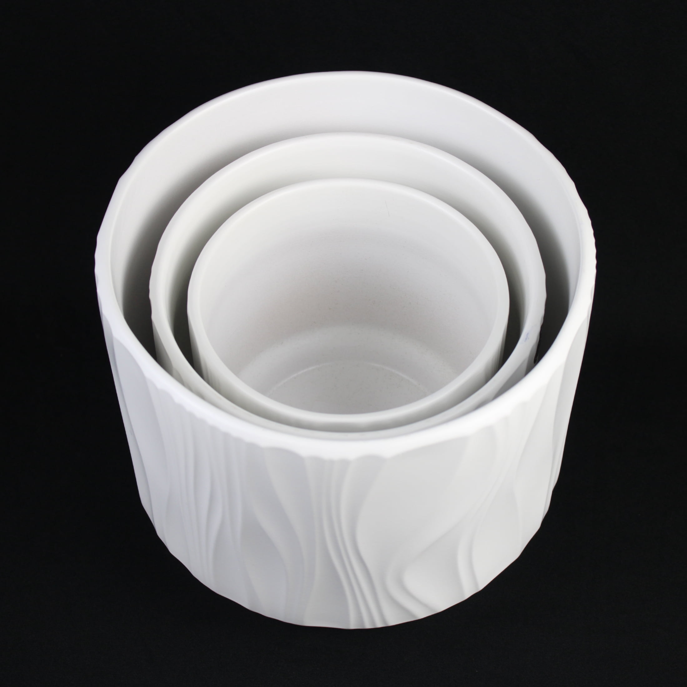 Stoneware Round Planter Set of 3 with Drainage Holes, White Textured Ceramic Flower Pots