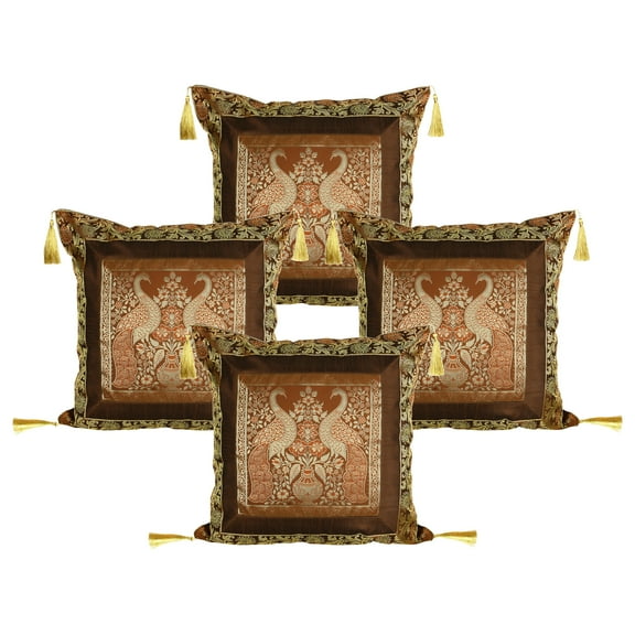 Stylo Culture Indian Brocade Decorative Throw Pillow Sham Covers Coffee Brown Gold 18x18 Jacquard Tassels Sofa Cushion Covers 45 x 45 cm Polydupion Silk Zippered Peacock Pillow Cases | Set Of 4