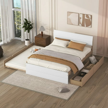 LegaHome Full Size Solid Wood Platform Bed Frame with Twin Size Trundle and 2 Storage Drawers Included, No Box Spring Needed, White&Oak