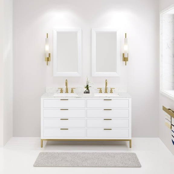 Water Creation Bristol 60" Wood Double Bathroom Vanity in Pure White & Gold