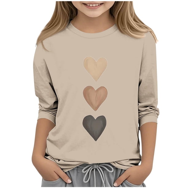 Blusas y camisas de cuello redondo y manga larga para niños, blusas/camisas de poliéster con estampado de corazones, mangas 3/4 y cuello redondo, elegantes e informales.
