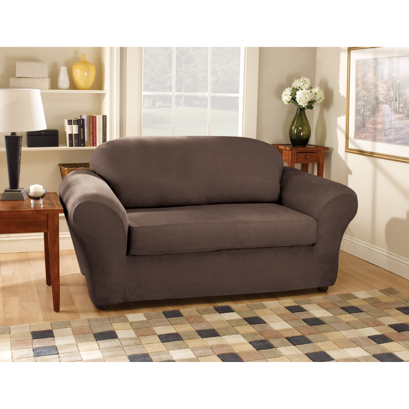 Chocolate LOVESEAT Slipcover Sure Fit Soft Suede  BOX Cushion 