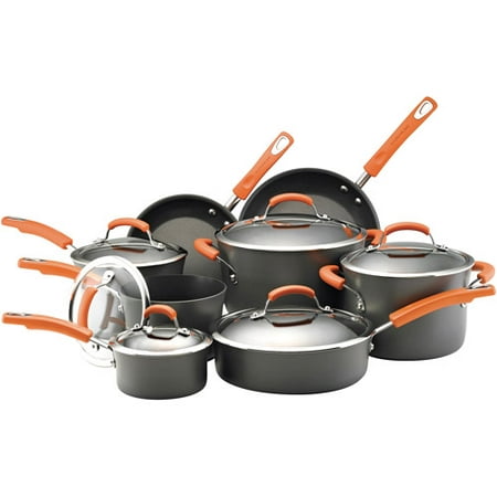 Rachael Ray Dishwasher Safe Hard Anodized 14 Piece Cookware Set Gray With Orange Handles