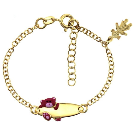Worldjewels Sterling Silver Rolo Link Baby Id Bracelet In Yellow Sterling Silver Rolo Link Baby Id Bracelet In Yellow Gold Finish W Pink Teddy Bear