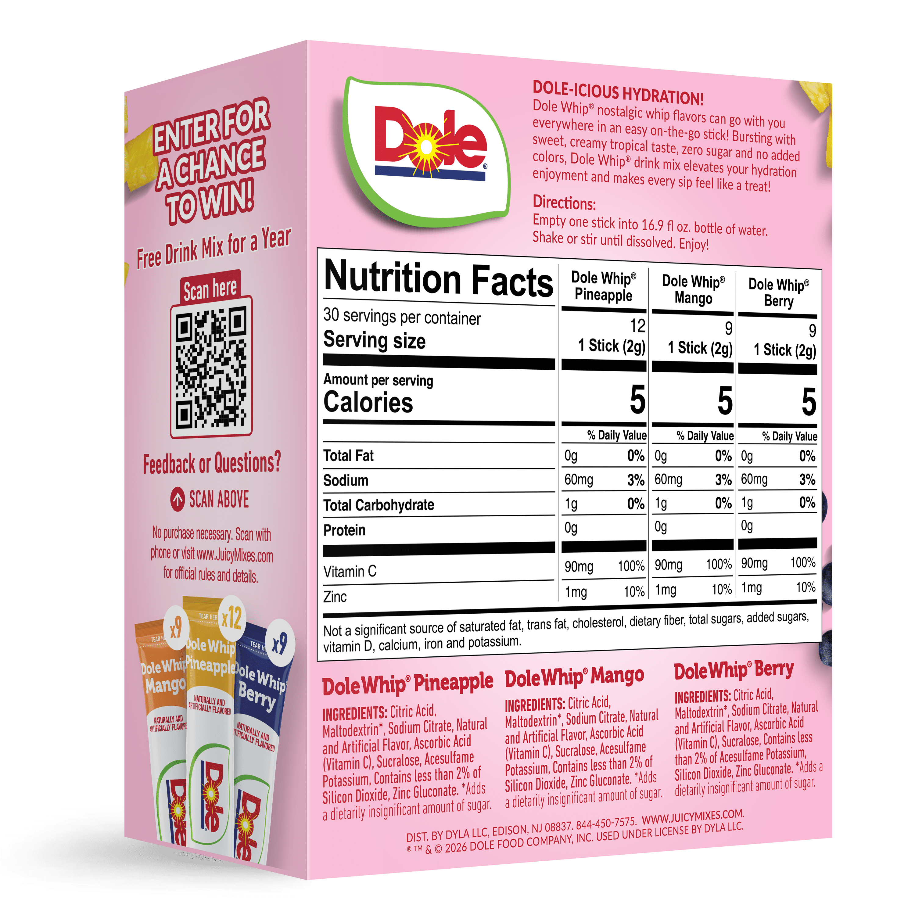Dole Whip Powder Drink Mix Variety Pack, Pineapple, Mango, & Berry, Zero Sugar, 30 Sticks