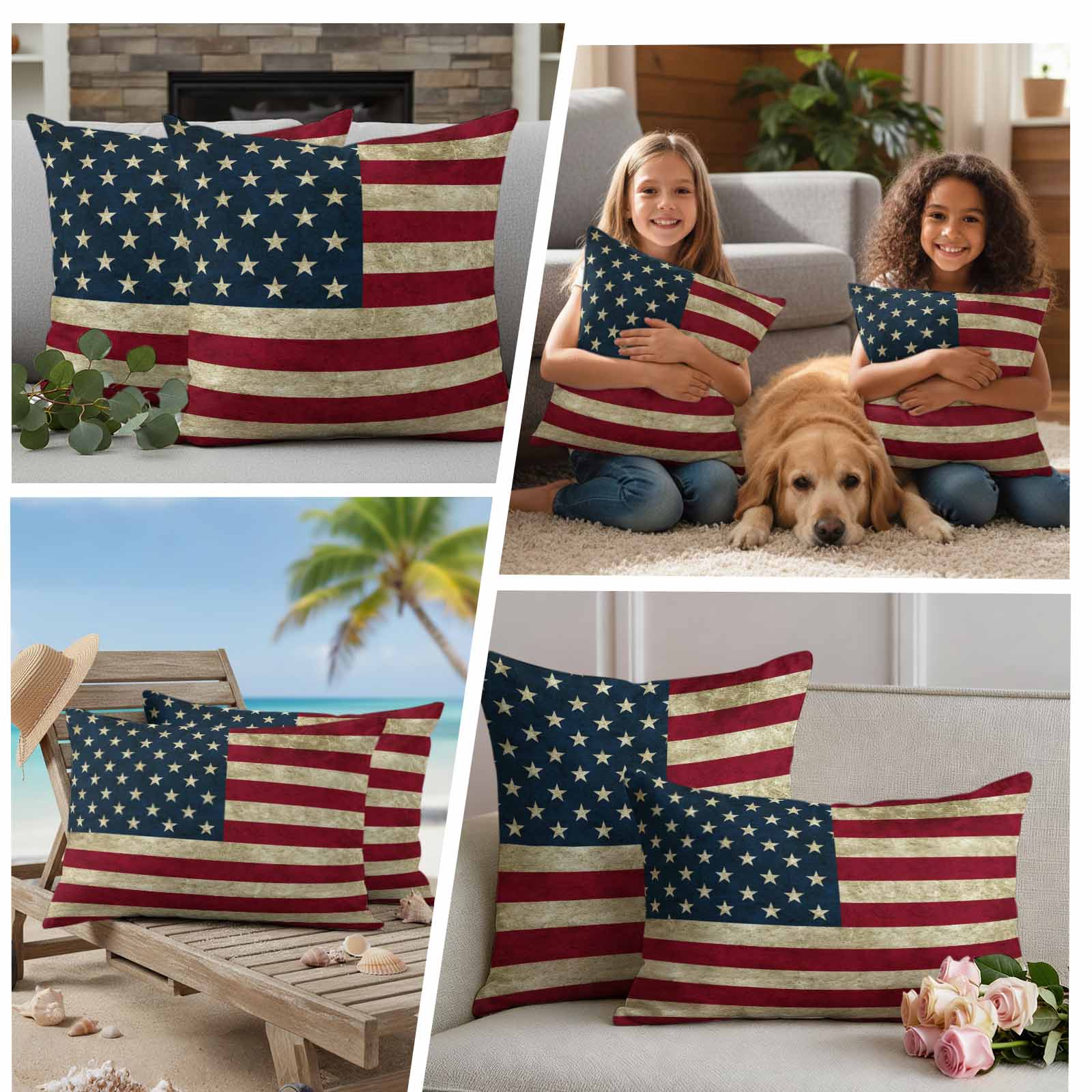Vintage American Flag Outdoor Waterproof Pillow Covers, Shabby US Star Strips Flag Decorative Square Throw Pillowcase Sofa Cushion Sham for Patio/Couch/Chair, 18"x18" 2 Pack