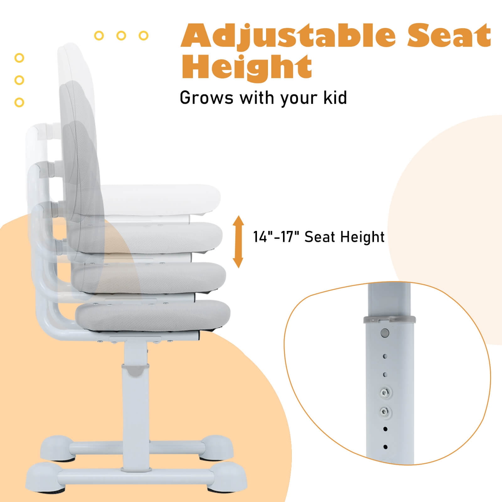 Costway Kids Desk Chair with Double Back Support Adjustable Height Upholstered Computer Chair Gray