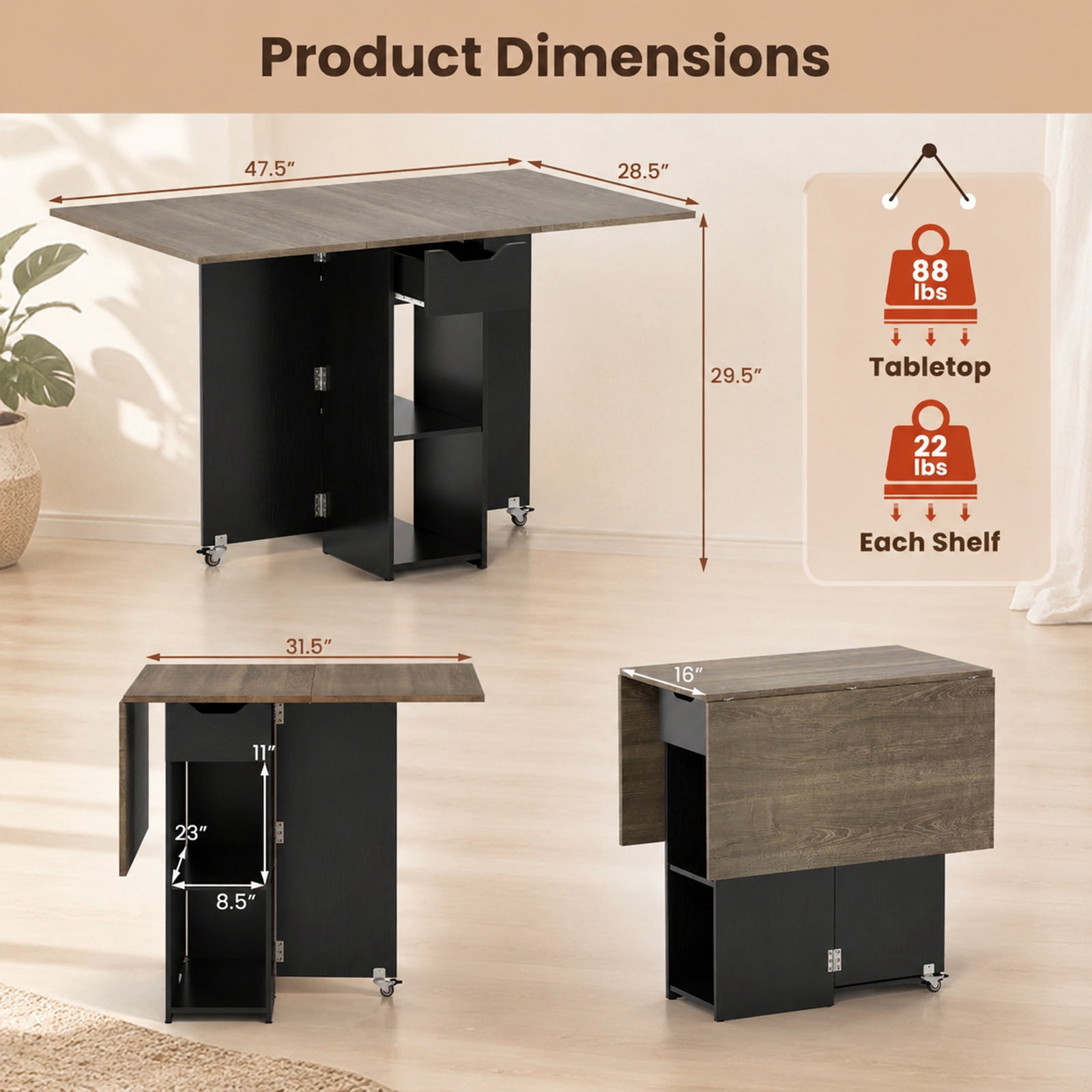 Furnibear 47.5 Inch Farmhouse Extendable Drop Leaf Dining Table with Storage Drawer Shelves and Lockable Wheels for Small Spaces, Rustic Brown
