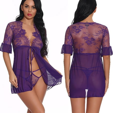 

Womens Sexy Lingerie Set Eyelash Babydoll Open Front Flower Lace Pajama Jacket