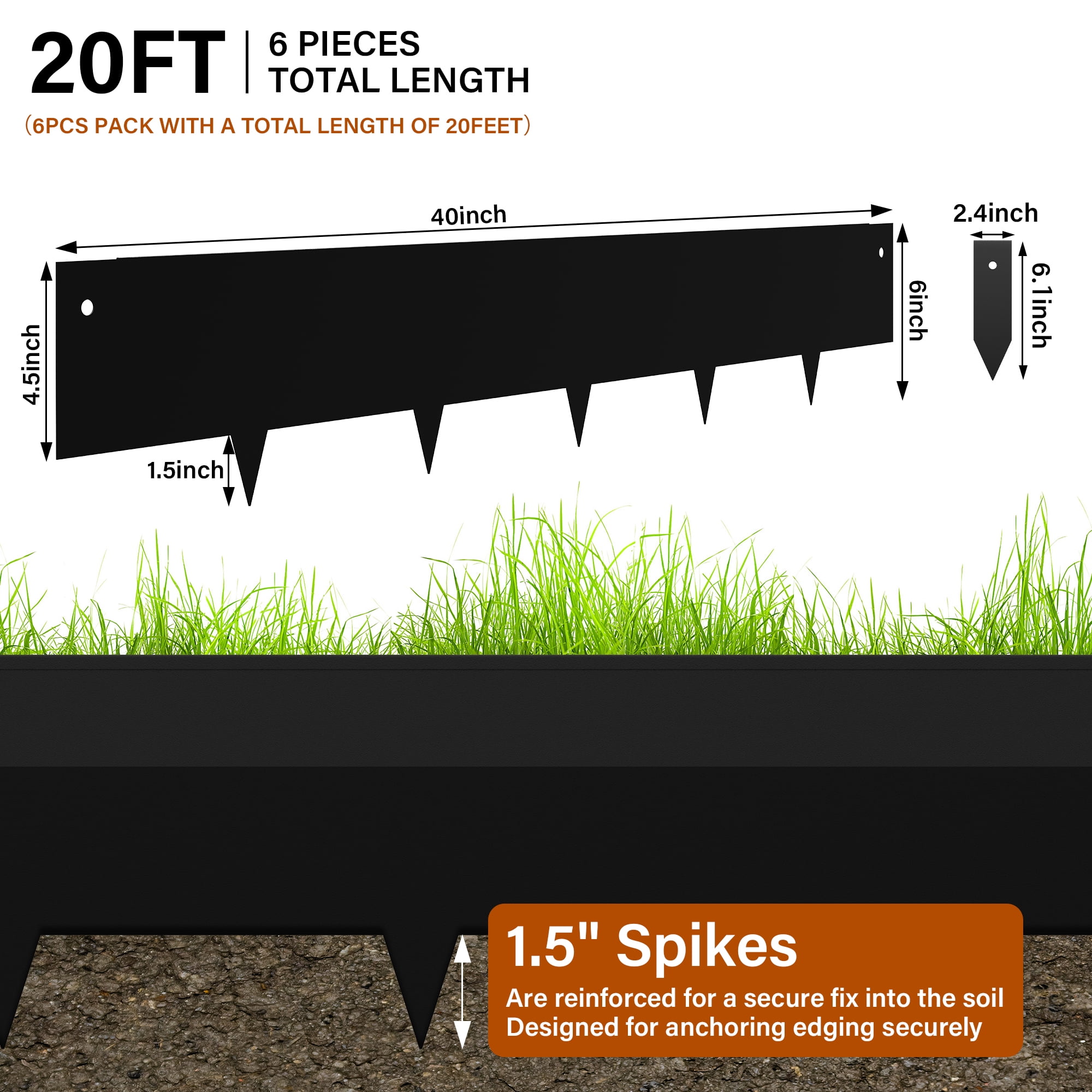 6" Black Garden Edging for Landscaping Corten Steel Metal Garden Borders Dividers Stakes DIY Flower Bed Landscape Hammer-in Edge Fence Strips Decorative Lawn Grass Plant Yard Outdoor Pathway 6PCS