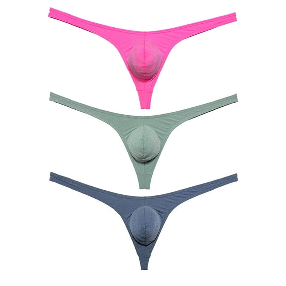 3 Pack Botmois Men's Thongs Pouch Bikini Tangas Underwear Mini Bottoms Briefs Spandex Low-rise T-back Underpants Pink/Army Green/Navy Blue M