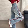 thumbnail image 4 of Women High Waist Wide Leg Jeans Contrast Stripe Embroidery Straight Trousers for Spring Fall Daily, 4 of 6