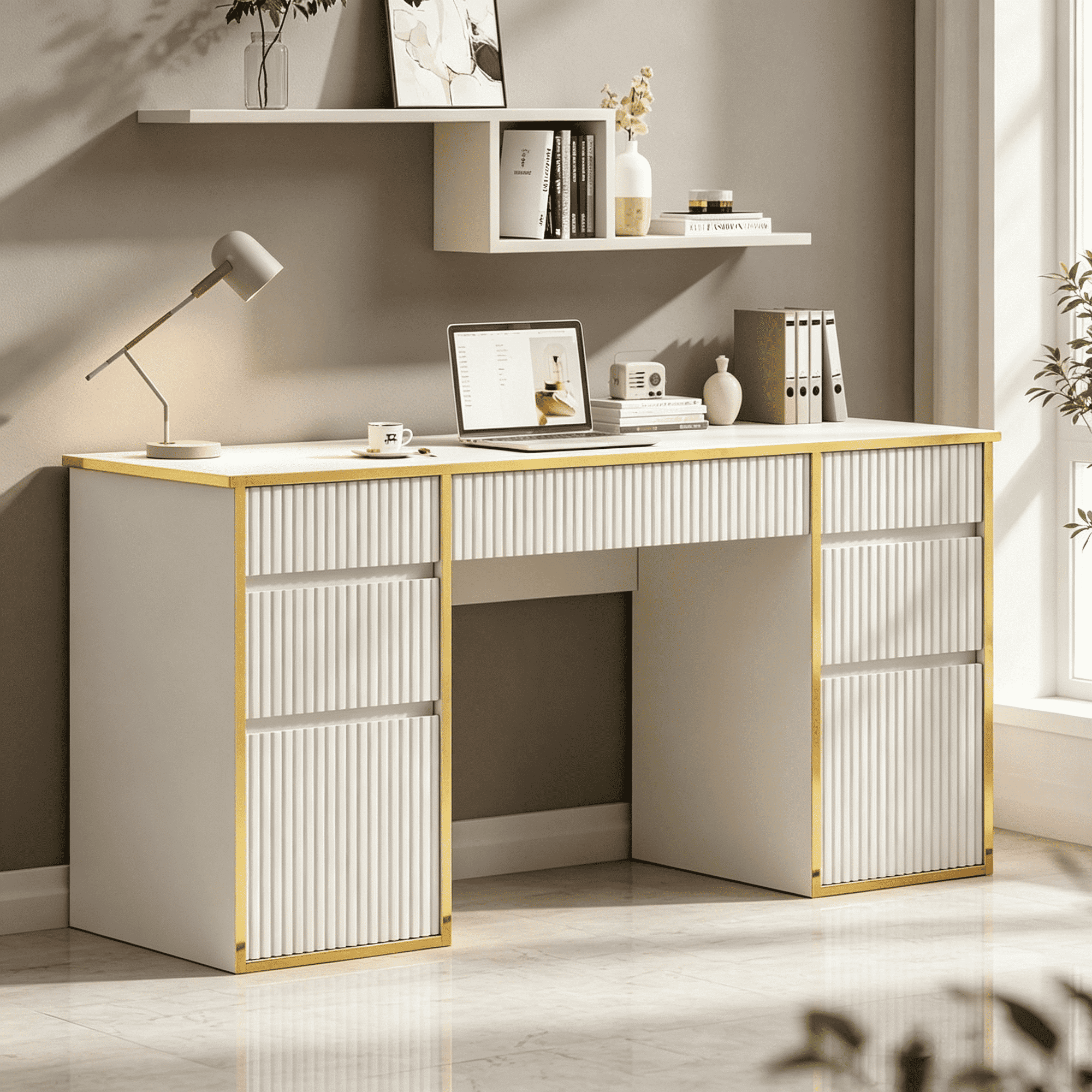 DreamCurship 58 inch Executive Desk with Drawers, Computer Desk with 7 Drawers, Home Office Desk for Work Study Writing, White and Gold