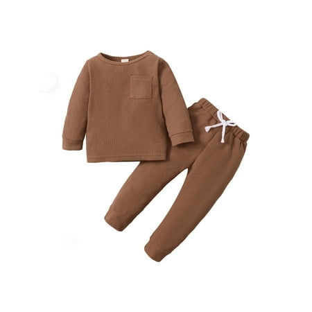 

Canrulo Toddler Baby Boy Clothes Solid Ribbed Long Sleeve Pullover Sweatshirt Tops Pants Set Fall Winter Outfits Brown 3-4 Years