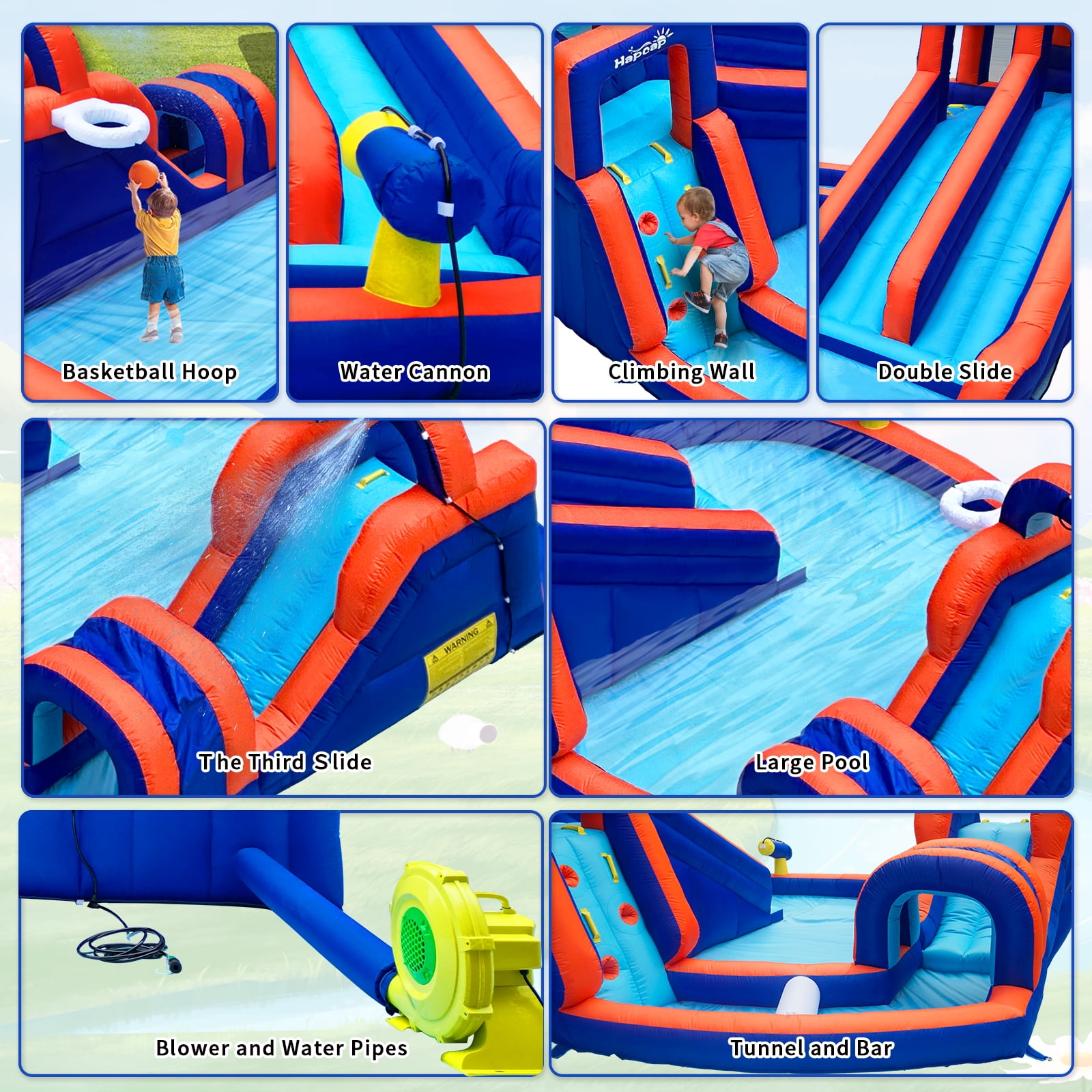 Hapcap Inflatable Water Slide Bounce House Obstacle Course,with Pool ,Tunnel and Obstacle Bar,Include Air Blower,Outdoor Party