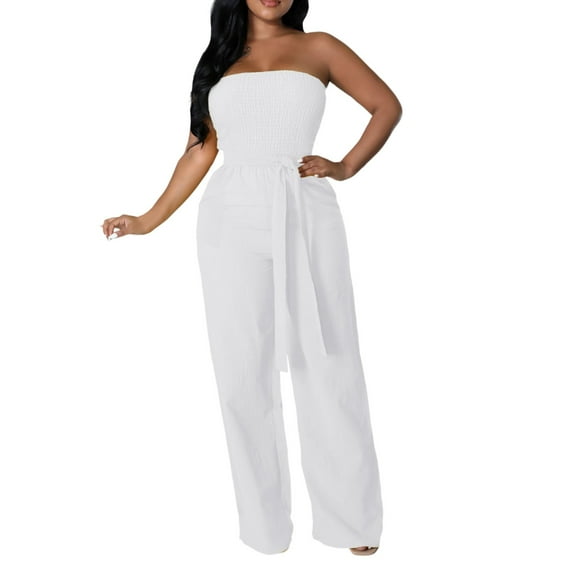 RYKJLWY Womens Jumpsuits Dressy Women's Casual off Shoulder Smocked Solid Color Strapless Belted Wide Leg Jumpsuit Romper With Pockets Jumpsuit for Women(White,L)