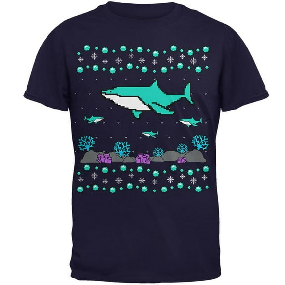 Ugly Christmas Sweater Shark Coral Reef Mens T Shirt Navy 2XL