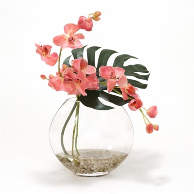 Distinctive Designs International 17032 Mauve Orchid & Split Philo Leaf in Glass Disk Vase