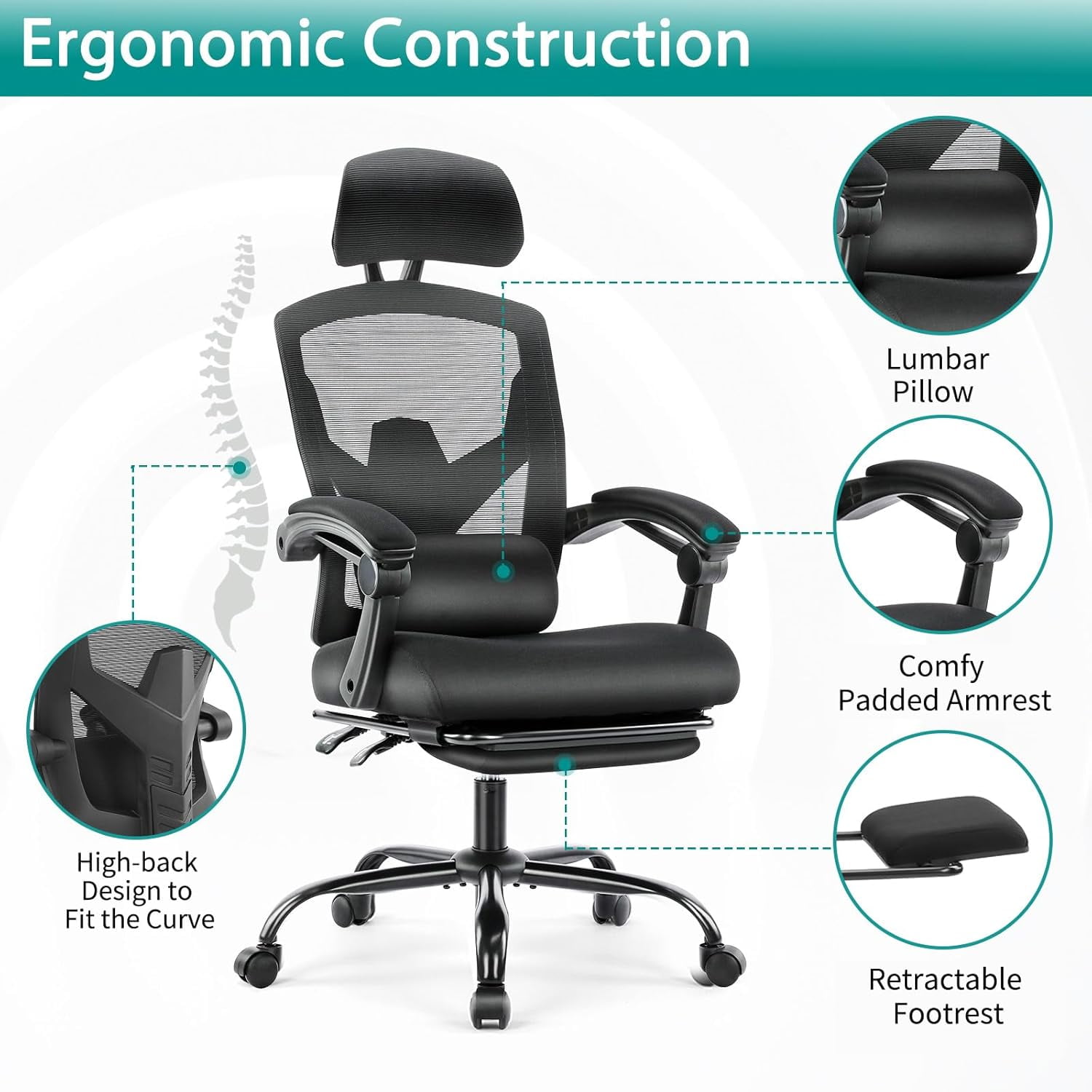 Atilioo Ergonomic Office Chair with Footrest, High-Back Mesh Swivel Chair with Adjustable Lumbar Support, Headrest & Wheels, Rolling Recliner for Home Office, Gaming, Study, Black
