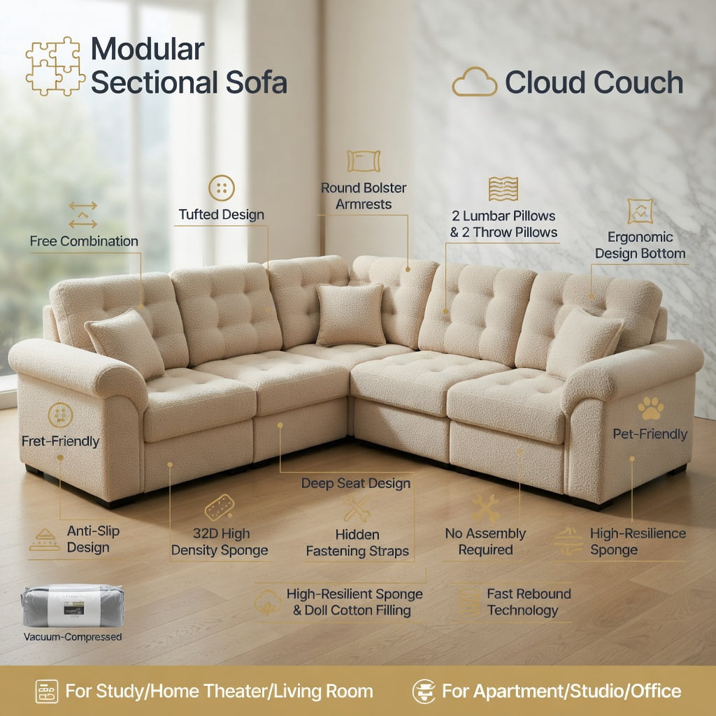 Hommoo Teddy Fleece 4-Seat Modular Sectional Sofa, Cloud-Like Double-Layer Cushion, Curved Backrest & Armrest, Movable Ottoman, Lumbar Support Pillows, Camel