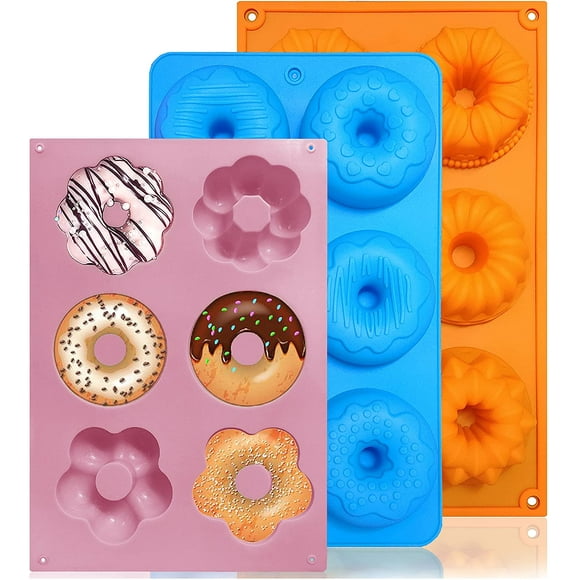 3 pcs Silicone Donut Pan, 12 Patterns Non-Stick Baking Silicone Donut Mold Doughnut Mould for Full-Size Donut Bagel - Blue, Orange, Pink