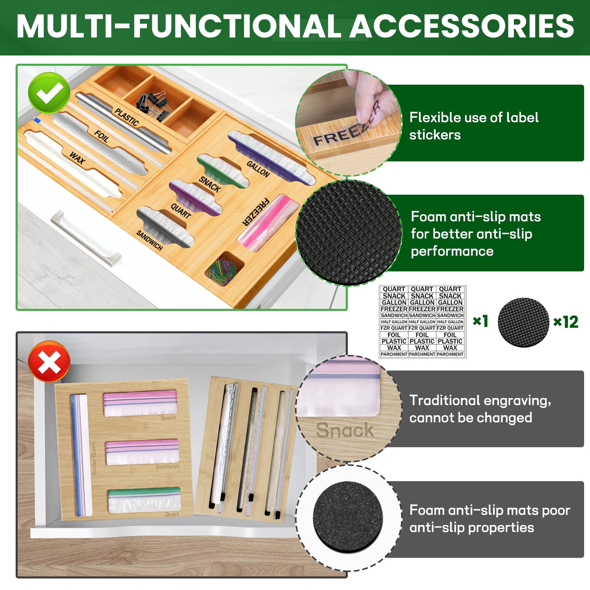 Bamboo Food Bag Organizer with Cutter, 9 in 1 Baggie Organizer for Drawer, Storage Bag Organizer Kitchen, Aluminum Foil and Plastic Wrap Organizer for Gallon Quart Sandwich Bags & 12" Rolls
